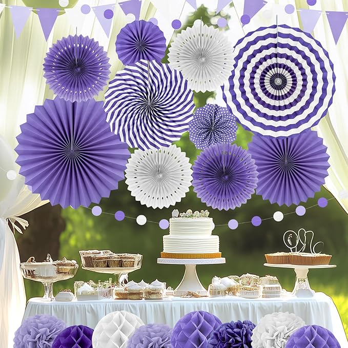 Purple Party Decorations,23Pcs Lavender Birthday Decorations with Hanging Paper Fans,Pom Poms Flowers Packs for Girls Women Birthday Party, Bridal Shower,Baby Showers,Wedding