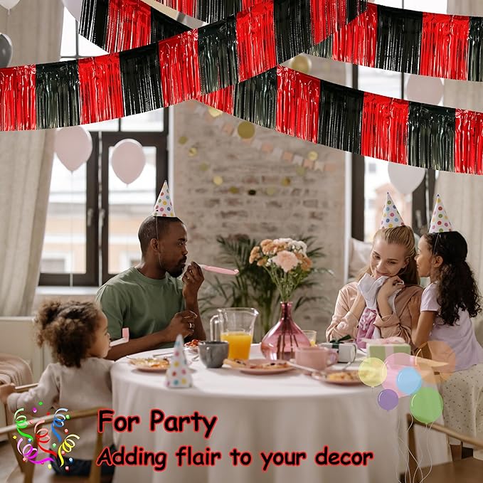 4 Pack 10 Feet Black Red Parade Floats Foil Fringe Garland Metallic Tinsel Streamers Banner Fringe Curtain Banner for Halloween Graduation Homecoming Birthday Party Decorations (Black, Red)
