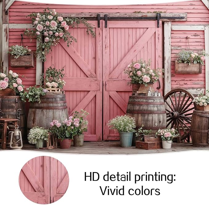9x6ft Country Wedding Photography Backdrop Rustic Barn Door Photography Backdrop Farmhouse Pink Flower Cabin Wooden Birthday Baby Shower Wedding Bridal Party Banner Photo Booth Props Background