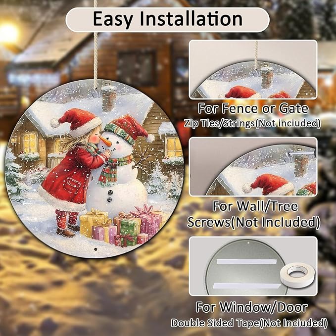 Round Wall Decor Metal Sign - Girl & Snowman Rustic Wall Plaque - Christmas Wreath Sign - 8*8 in