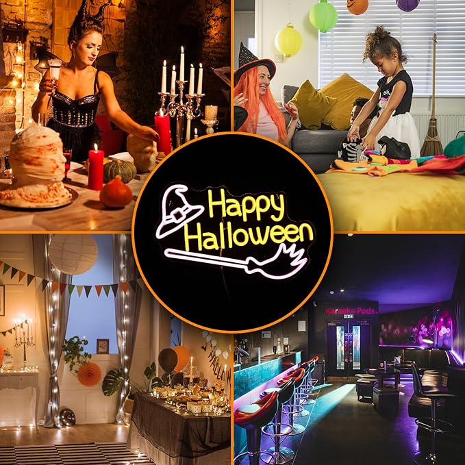 Happy Halloween Neon Sign Witch Hat Neon Sign Dimmable Broom Led Wall Decor Neon Lights Halloween Decorations for Home Spooky Party Kids Room