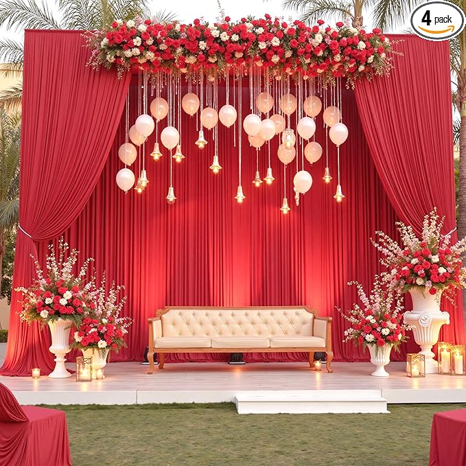 20×12ft Wrinkle Free Red Backdrop Curtain for Wedding Parties,4 Panels 5×12ft Long Soft Silky Polyester Backdrop Drapes Red Photo Back Drop Curtains for Photography Stage Christmas Background Cloth