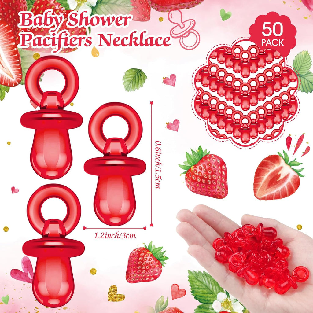 Thyle 51 Pcs Strawberry Pacifier Hunt Baby Shower Games Include Hunt Sign and 50 Acrylic Pacifiers for Baby Shower Decoration Gift Sets Gender Reveal Party Decor