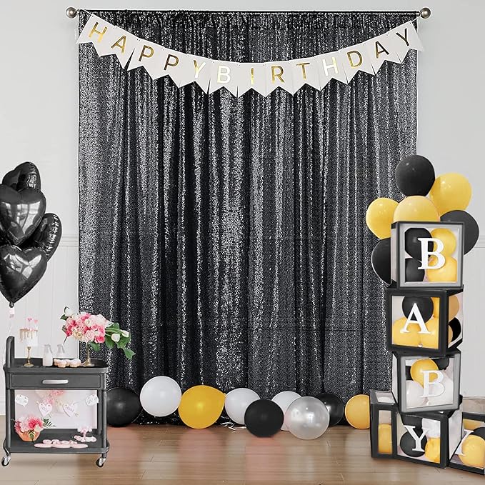 Sugargirl Halloween Black Sequin Backdrop Curtain 4 Panels 2FTx8FT Glitter Black Background Drapes Sparkle Photography Backdrop for Party Wedding Birthday Wall Decoration