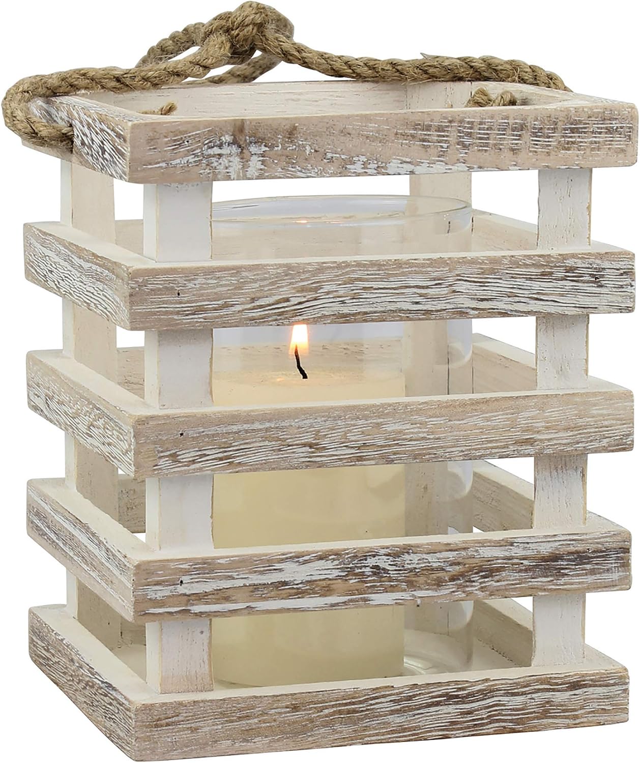 Stonebriar Small Worn White Wooden Beach House Candle Lantern with Rope Handle and Removable Glass Cylinder Hurricane (Pack of 2)