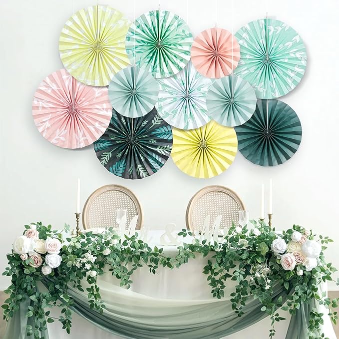 SUNBEAUTY 11 Pcs Sage Green Paper Fans Decoration Ceiling Decor Leaves Paper Fans Decoration Boho Classroom Decor Hanging Paper Fans Decor for Wedding Bridal Birthday Baby Shower