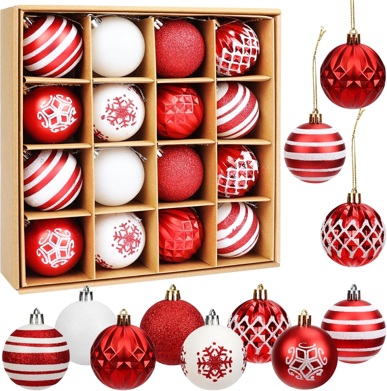 Tenn Well 16Pcs 6CM Christmas Tree Ornaments Decorations Set - Red and White PVC Baubles for Christmas Tree Holidays Home Xmas Party Decoration
