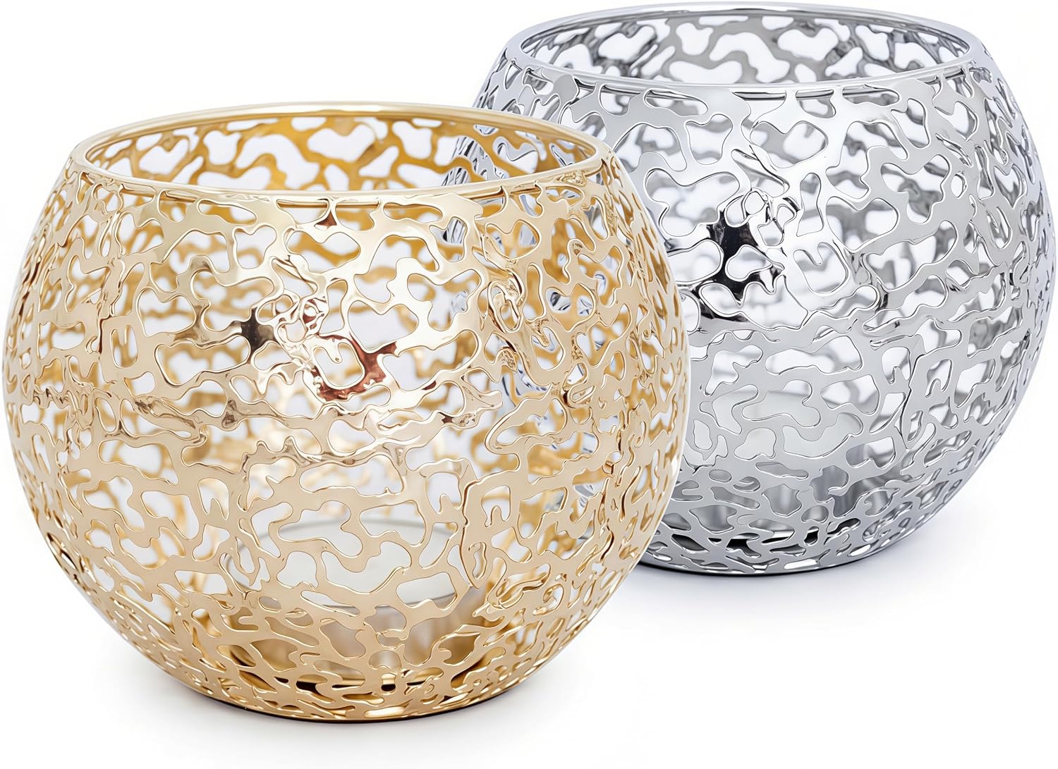 Metal Cut-Out Tealight Candle Holders Set of 2 – Geometric Lanterns for Table Centerpiece & Bathroom Spa – Shatterproof Holiday Decor, Winter Wedding (Gold/Silver)