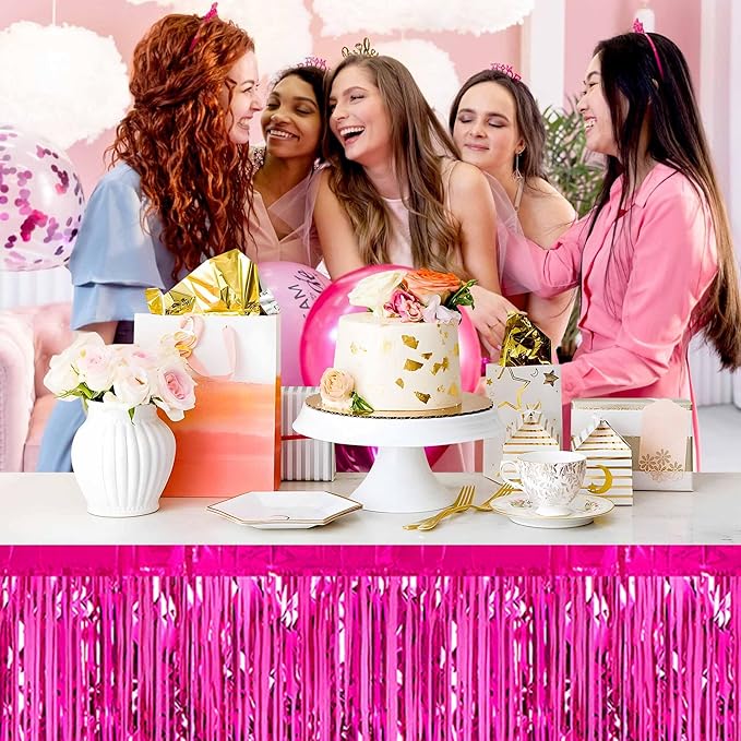 3 Pack Fuchsia Foil Fringe Table Skirts Metallic Tinsel Streamers Garland Banner Backdrop for Table Decor, Parade Float, Birthday, Wedding, Halloween, Christmas Party Decorations(29x108 In)