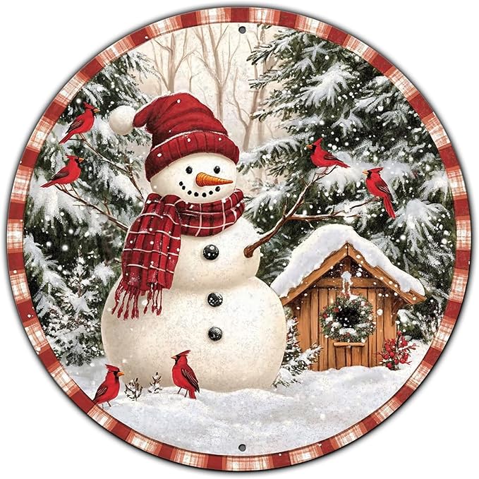 Round Christmas Metal Signs Vintage Snowman and Red Birds Tin Sign Metal Poster Christmas Snowman Sign for Bedroom Farmhouse Garage Wall Decor 8 * 8 in