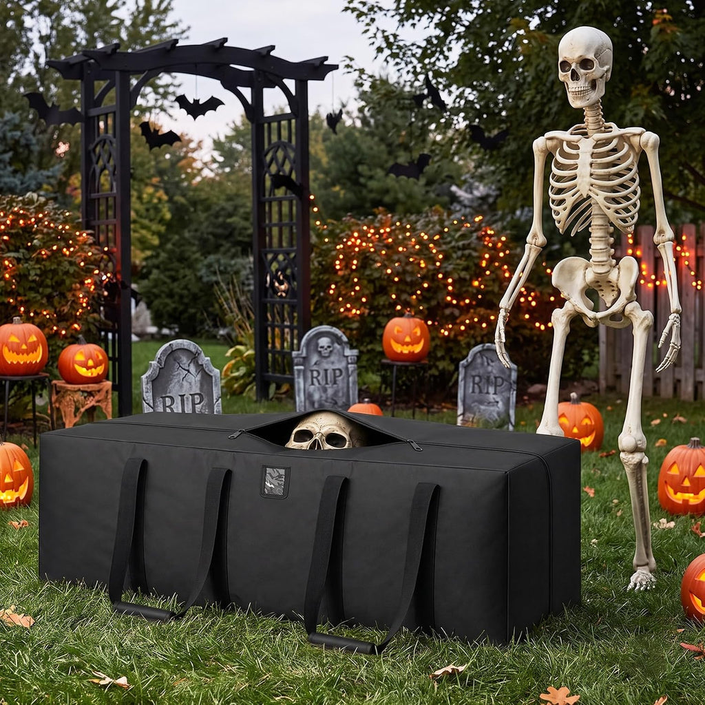 Klmnop 12ft Skeleton Storage Bag, Heavy Duty 600D Oxford Large Halloween Christmas Storage Bag with Zipper, Padded Handles & Label Pocket for 12 Foot Skeleton, Artificial Trees Holiday Decor(Black)