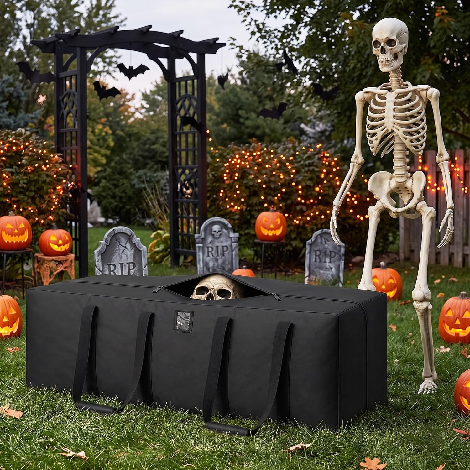 Klmnop 12ft Skeleton Storage Bag, Heavy Duty 600D Oxford Large Halloween Christmas Storage Bag with Zipper, Padded Handles & Label Pocket for 12 Foot Skeleton, Artificial Trees Holiday Decor(Black)