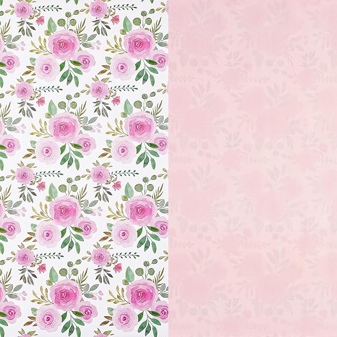 RUSPEPA Reversible Floral Wrapping Paper Roll, Mini Roll, Pink Rose Blossom Design and Pink Solid Color, Elegant Gift Wrap for Birthday, Wedding, Mother's Day, Bridal Shower, 17 Inches x 16.4 Feet
