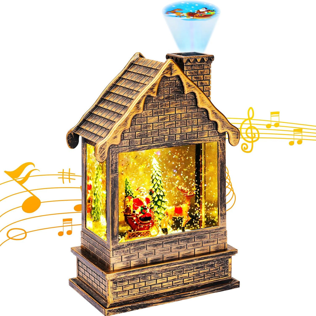 Garma Lighted Christmas Snow Globes Musical Lantern with Timer, Train Water Lanterns Snowing Glittering Battery Operated, Christmas Santa Claus Musical Lighted Christmas Home Décor (House Lantern)