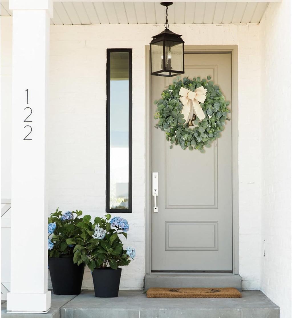 28 inch eucalyptus wreath with bells & bow, side view