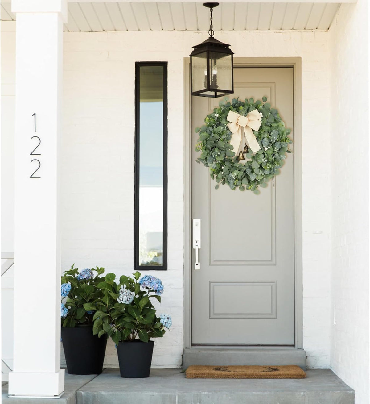 28 inch eucalyptus wreath with bells & bow, side view