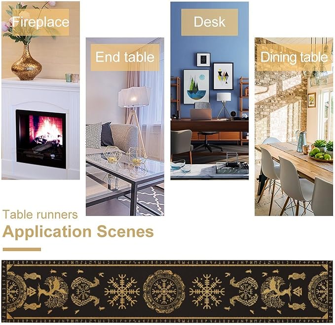 Viking Tree of Life Abstract Table Runner for Living Room Home Party Coffee Dining Party Wedding Golden Black Celtic Style Geometric Dragon Boat Rudder Ancient Script Table Runner 13x90 Inch
