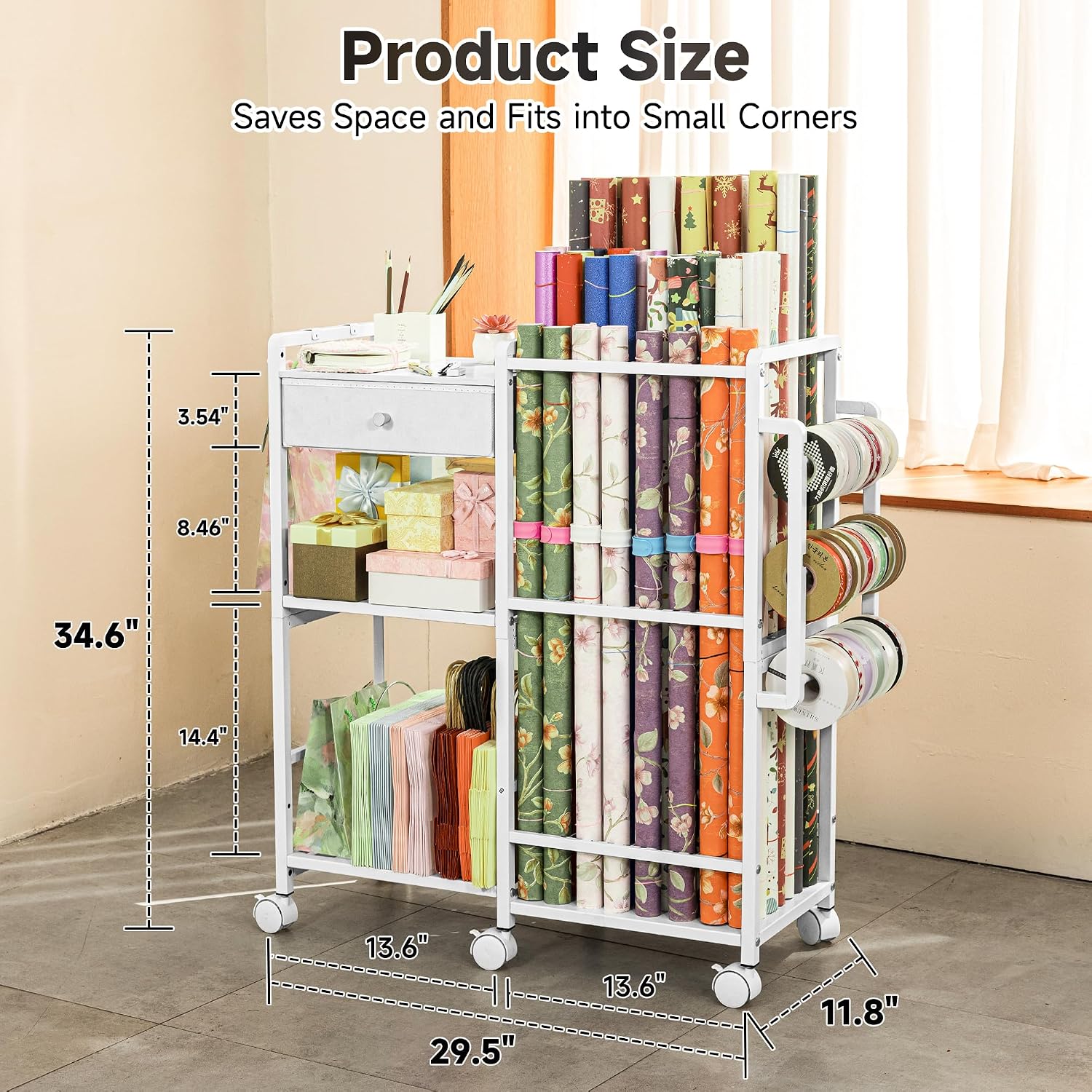 Aquzee Wrapping Paper Storage, Rolling Gift Wrap Station, 9 Adjustable Rod Design, Vertical Wrapping Paper Storage Cart, Ribbon Organizers and Gift Bag Storage, 12 PCS Slap Bands, White