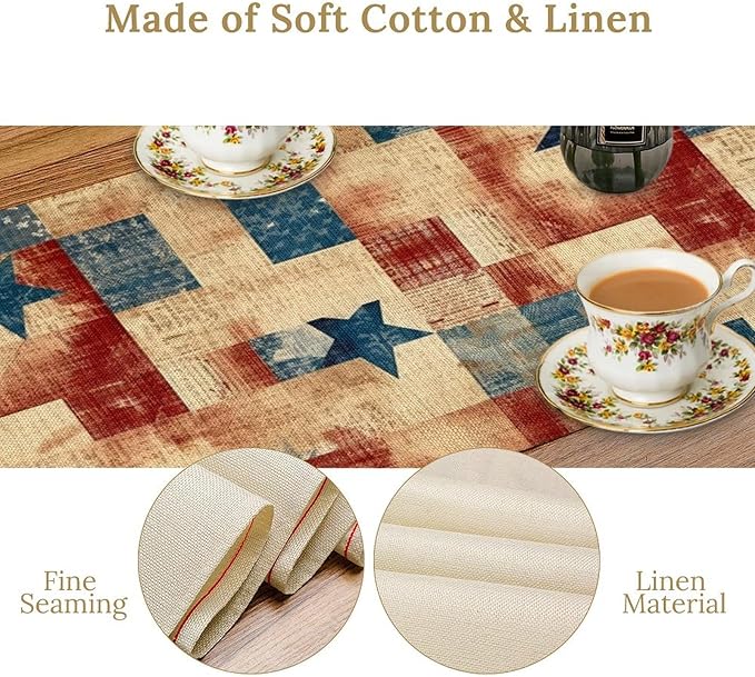 4th of July Table Runner, Rustic Vintage Country Red White Blue American Stars Independence Day Print Table Cover for Farmhouse Kitchen Dining Table Decor, 13x90inch