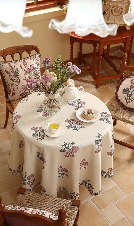 ISAENNE Designer Linen Light Beige Small Round Tablecloth,French Colorful Floral Table Cloth,Stain Resistant Decor Tablecloths for Dining Thanksgiving Christmas Kitchen,Diameter 55"-Helena E