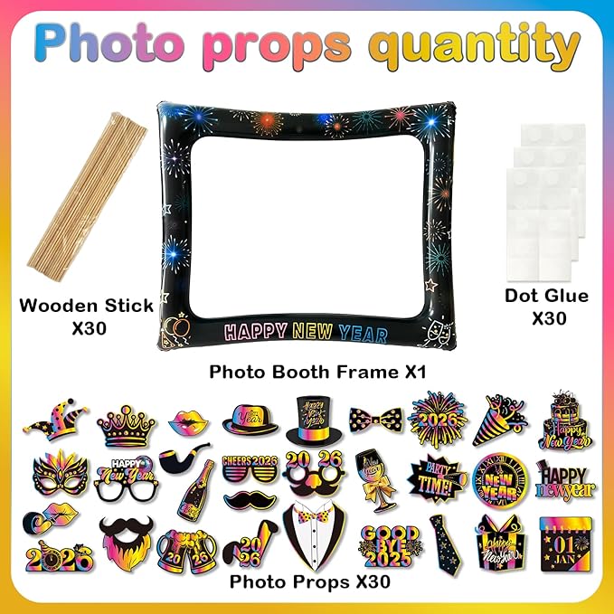 2026 New Year Photo Booth Inflatable Frame Kit, 30Pcs Colorful Neon New Years Photo Booth Props with Inflatable Picture Frame for New Year Eve Party Selfie Props Supplies