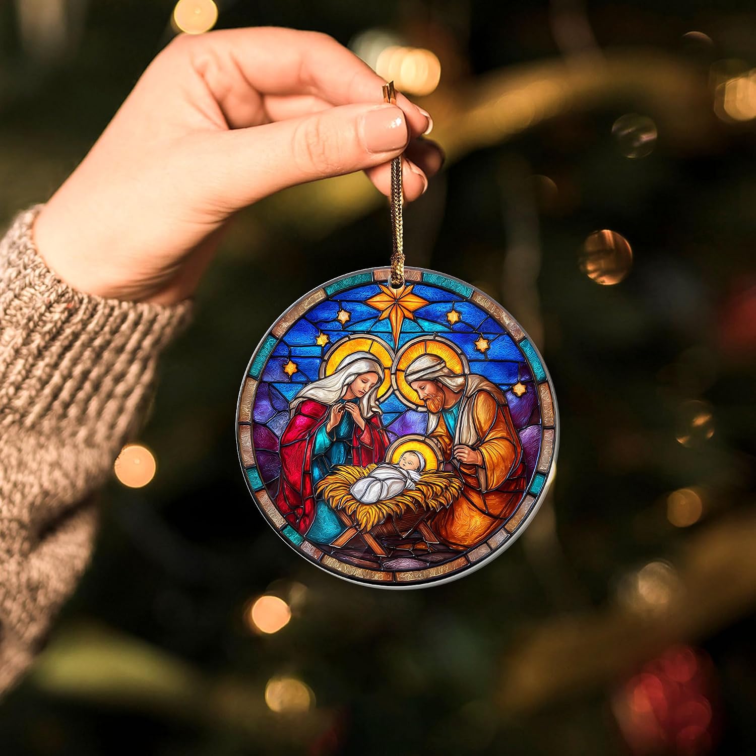 Christmas Nativity Scene Ornament 2025, Holy Family Stained Glass Effect 3.54" Acrylic Ornament, Baby Jesus Ornaments for Christmas Tree Decor - Catholic Religious, Christian Gifts for Women, Friends