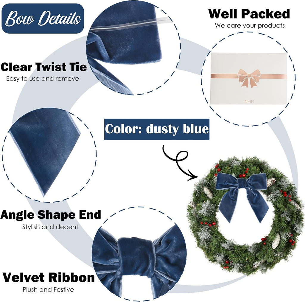 AIMUDI Dusty Blue Velvet Bows - 4.5" Blue Christmas Bows for Tree, Wreaths, Gift Wrapping & Wedding Decor - 12 PCs