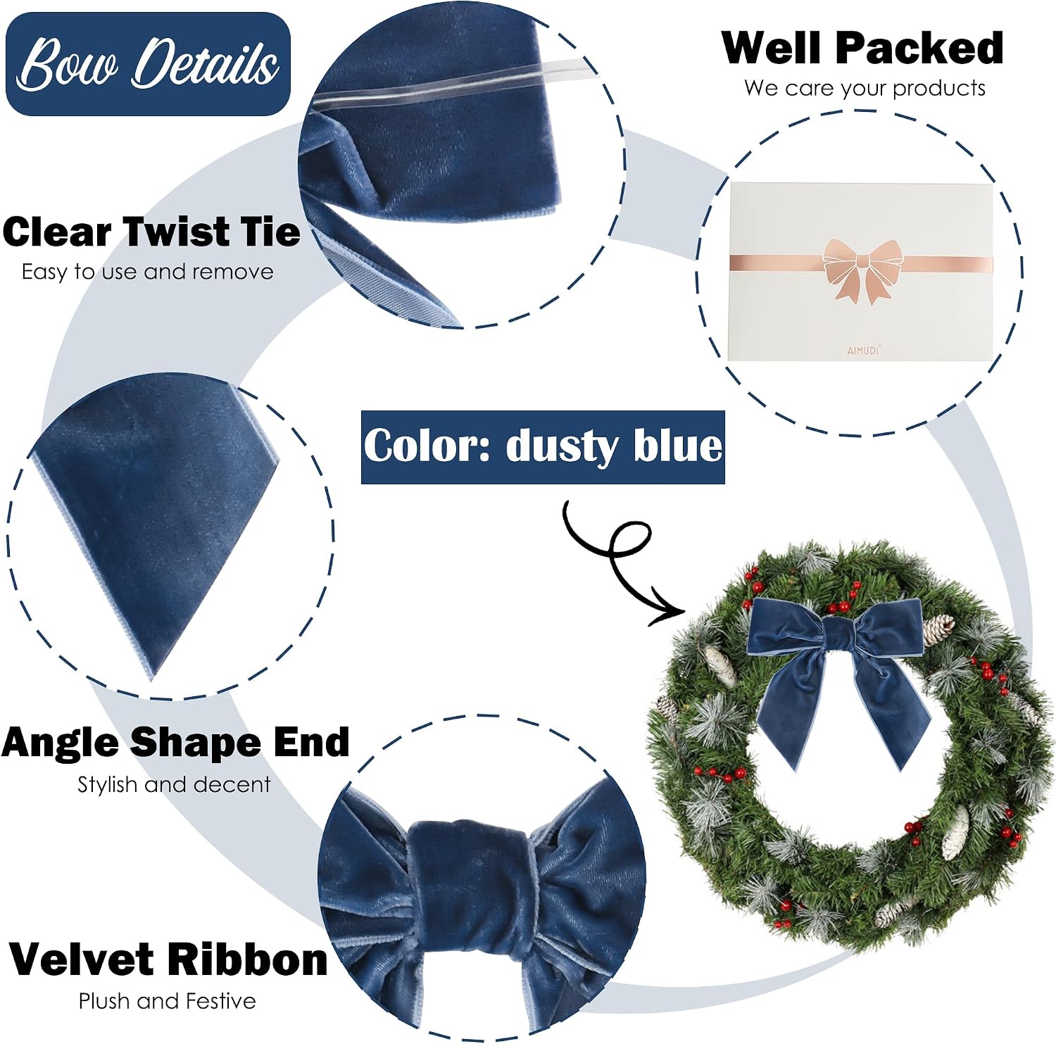 AIMUDI Dusty Blue Velvet Bows - 4.5" Blue Christmas Bows for Tree, Wreaths, Gift Wrapping & Wedding Decor - 12 PCs