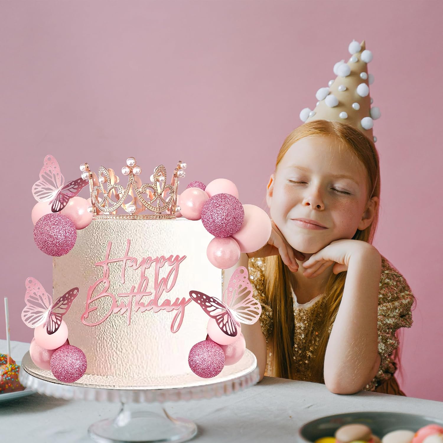Balls Cake Toppers Happy Birthday Crown Tiara Cake Toppers for Birthday Wedding Baby Shower Party Decorations (Rose Gold Pink)