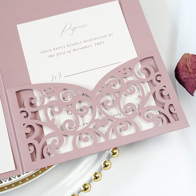 PONATIA 5.12 x 7.2 Dusty Rose Laser Cut Wedding Invitations, 5x7 Trifold Laser Cut Invitation Pockets with Envelopes for Wedding Bridal Shower Engagement Quinceanera Invitations (20PCS No Inner Sheet)