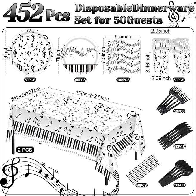 452 Pcs Music Themed Party Decorations for 50 Guests, Musical Notes Paper Plates Napkins Cups Tablecloth Cutlery Straws for Music Karaoke Birthday Wedding Baby Shower Party Supplies