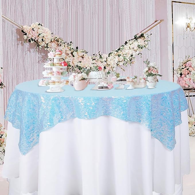 ShinyBeauty Iridescent Aqua Sequin Tablecloth Square Tablecloths Glitter Table Overlay Aqua Blue TableCover Sequin Table Cloth Small Linen for Birthday Baby Shower Decor (54”X54”)