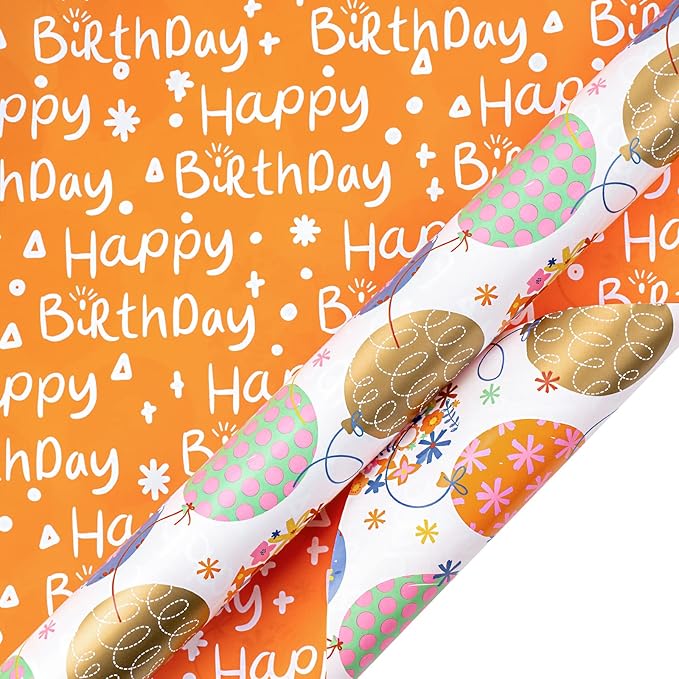 LeZakaa Reversible Birthday Wrapping Paper Roll for Girls Women, Happy Birthday Lettering, Orange Flower Balloon Design, Mini Roll, 17 inches x 32.8 Feet (46.45 sq.ft.)