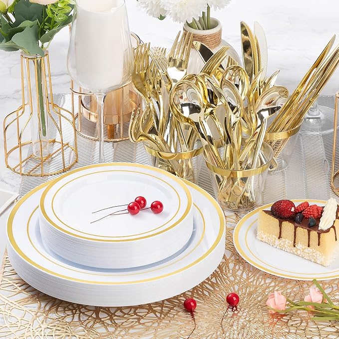 600PCS Gold Plastic Plate Set (100 Guests), Plastic Plates for Party Wedding Birthday, Disposable Dinnerware Set of 200 Plates, 200 Forks, 100 Spoons, 100 Knives for Christmas, Thanksgiving