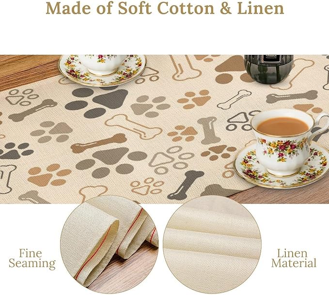 Dog Paw Table Runner,Kids Teens Cute Pet Animal Footprint Theme Pattern Print Tablecloth Burlap for Hotel Indoors Outdoor Dining Room Kitchen Home Decor,W13X L108 in