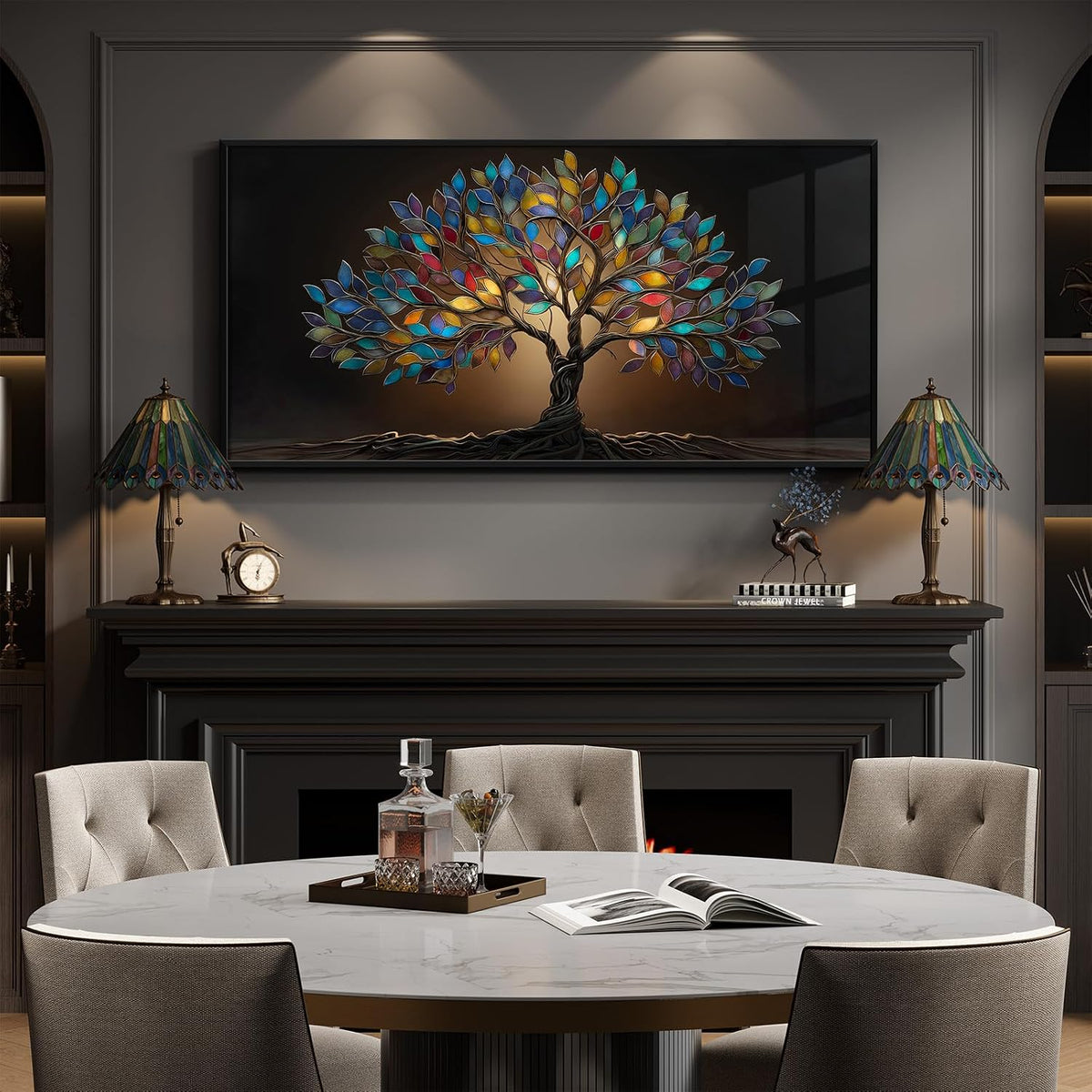 large framed modern tree of life wall art, close-up detail