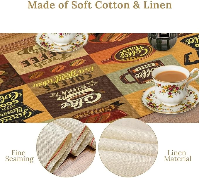 Coffee Table Runner,Vintage Style Coffee Beans Cups Theme Design Pattern Print Tablecloth Burlap for Hotel Indoors Outdoor Dining Room Kitchen Holiday Party, 13x60in