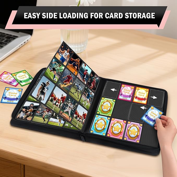 12 Pocket Card Binder, Zipper Trading Card Binder, 720 Large Capacity Side Loading Non-Ring Card Album, Double Sided Acid-Free Card Protector Binder, Card Collection for TCG, MTG, Sport Card, Pink