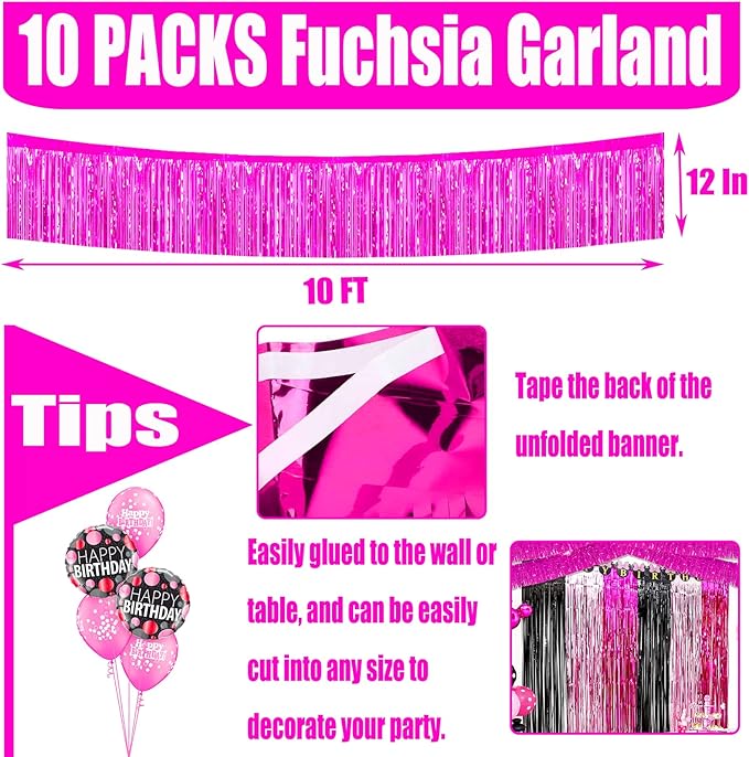 10 Pack 10 Feet Foil Fringe Garland Metallic Tinsel Streamers Banner Wall Hanging Curtain Backdrop for Parade Floats, Bachelorette, Wedding, Birthday, Halloween, Christmas Party Decorations(Fuchsia)