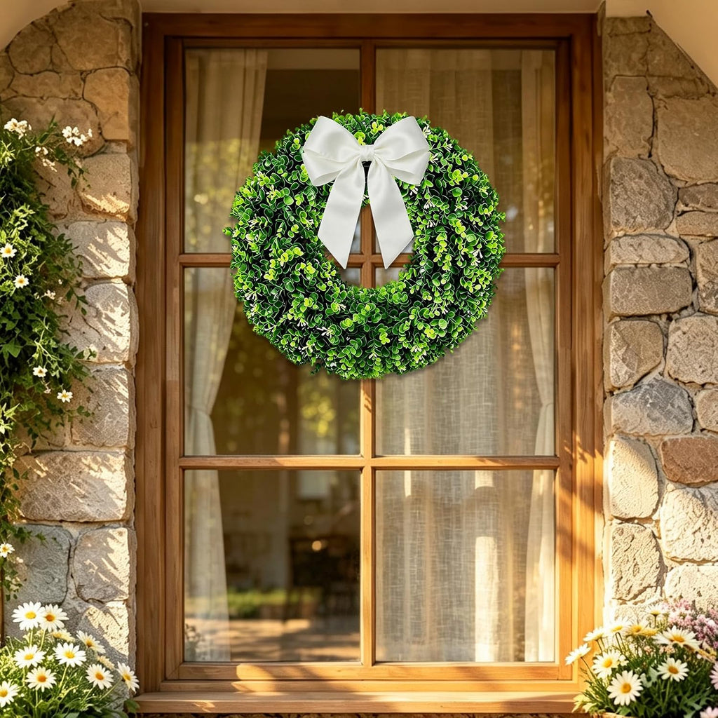 cleangor artificial boxwood wreaths for front door on a desk or shelf