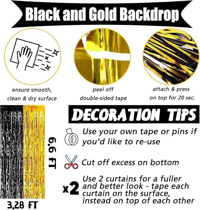4 Pack 3.2Ft x 6.6Ft Black and Gold Fringe Curtain Backdrop, Metallic Tinsel Foil Fringe Streamers Curtains Background for Photo Booth Birthday Wedding Graduation Carnival Party Decorations