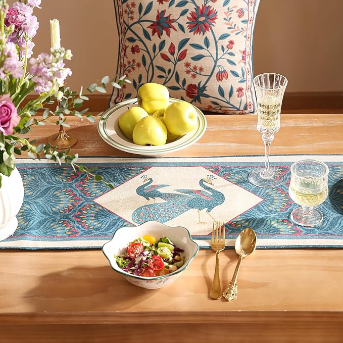Vintage Blue Peacock Table Runner for Coffee Table,Decorative Linen 71 Inches Long Table Runners,Decor Tabletop for Kitchen,Dining,Tea Party,Home,Christmas,12"*71"