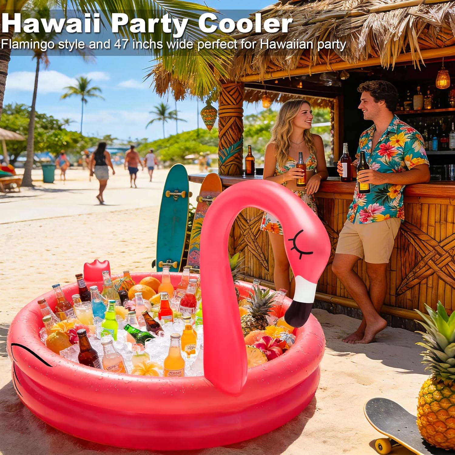 Inflatable Flamingo Cooler 130+ Cans Large Capacity Pool Party Decorations | Bottom Quick-Drain, Luau Party Decor, Flamingo Beach Hawaiian Birthday Party Supplies, Tropical Themed Summer Drink Cooler