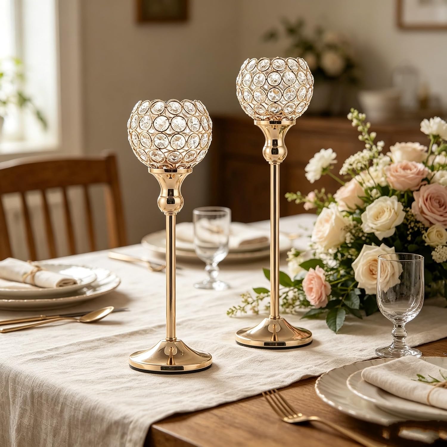 Gold Crystal Candle Holders Set of 2,Pillar Candlesticks for Table Centerpieces, Valentine's Day Home Decor Wedding Party Housewarming Gift
