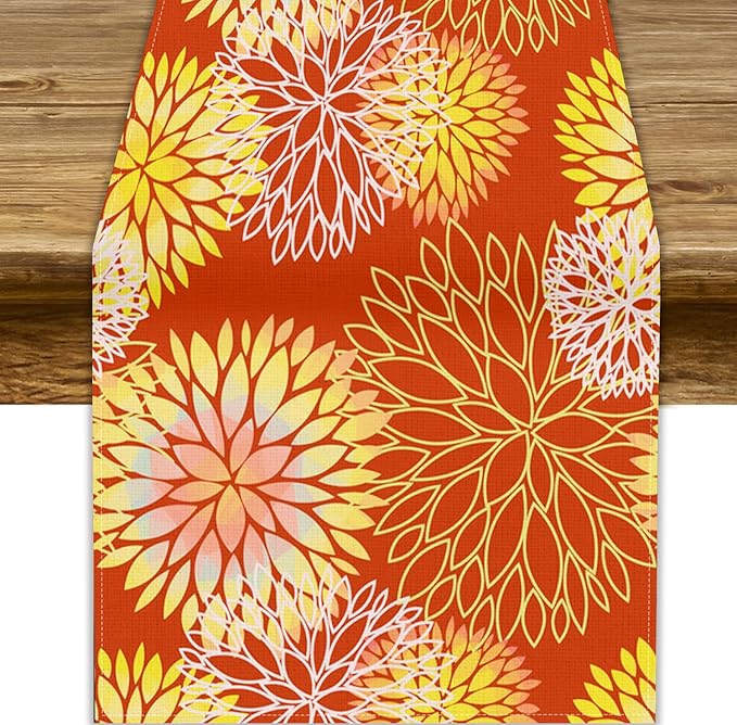 Yellow Floral Table Runner, Chrysanthemum Autumn Spring Summer Vintage Modern Linen Geometric Table Runner for Kitchen Living Room Bedroom Party Holiday, 13x36 Inch