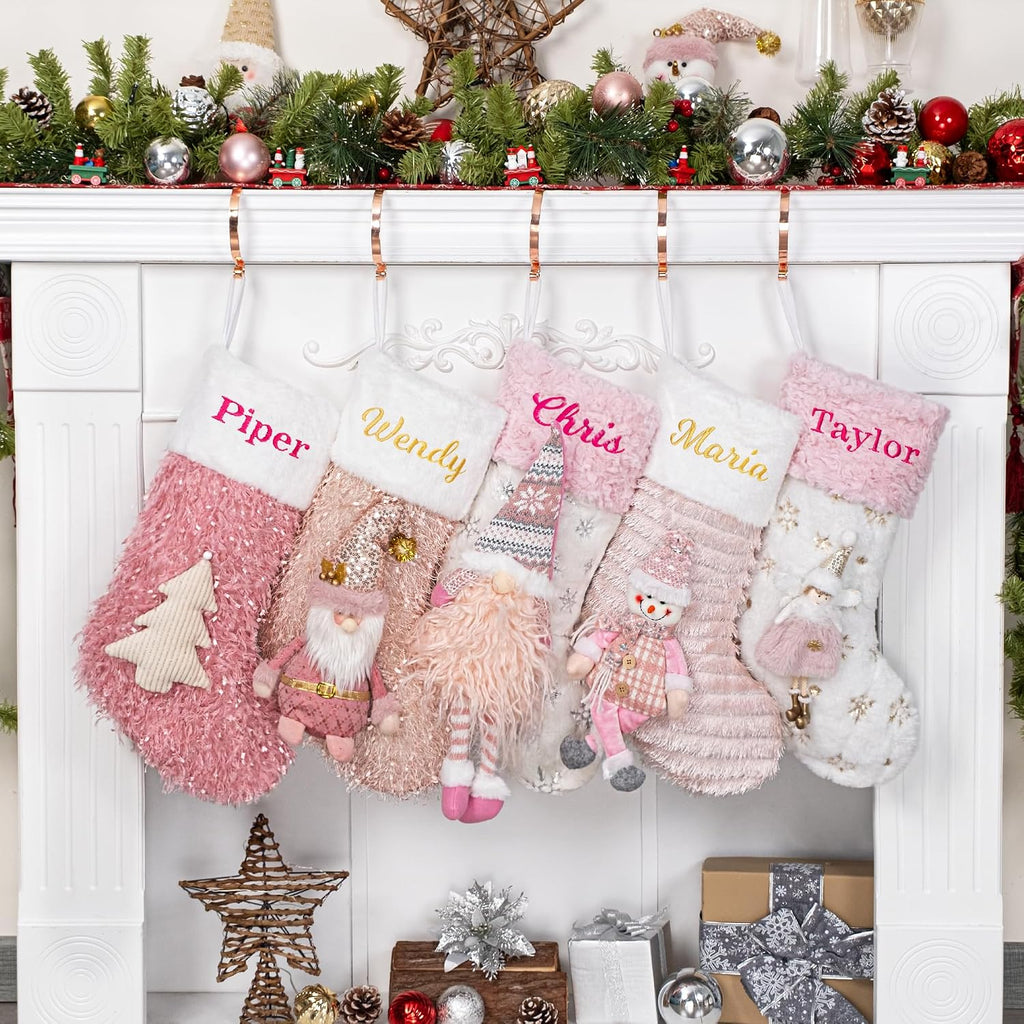 BHD BEAUTY Personalized Christmas Stocking Custom Name 3D Dolls Pink Customized Soft Faux Fur for Family Decorations Hanging Ornament for Xmas Holiday Party 1 Pack