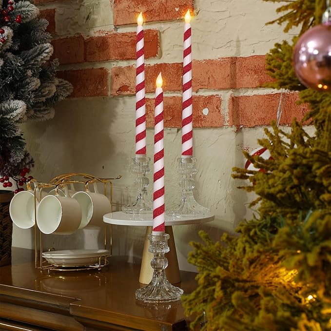 Baquler 6 Pcs Christmas Flameless Taper Candles 10.6 Inch Glitter Candy Cane Candles Battery Operated LED Christmas Candlesticks for Xmas Centerpiece Holiday Party Decor