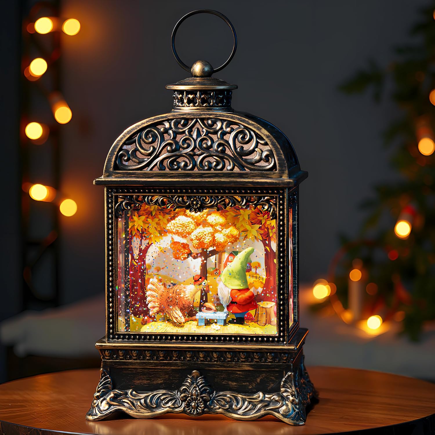 Fall Decor Snow Globe Lantern, Thanksgiving Decoration Swirling Glitter Gnome Snow Globe with Turkey, Harvest Day Gifts, Home Fall Halloween Decor