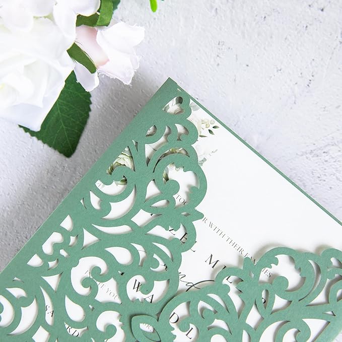 20Pcs Sage Green Laser Cut Invitation Cards With Blank Inner Sheets for Wedding Cards Bridal Shower Engagement Quinceanera Invitation (No Envelopes)
