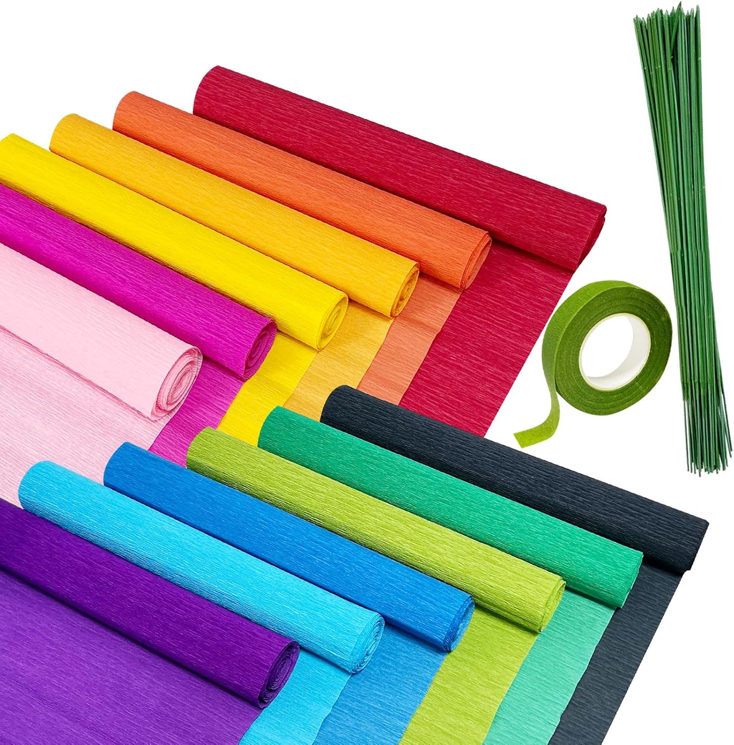 Cieovo Crepe Paper Flower DIY Kits, 12 Rolls Bright Colors Crepe Paper Rolls Floral Tape and 50 Green Floral Iron Wire for Wedding Festival Party Wreath Making Supplies DIY Flower Crafts